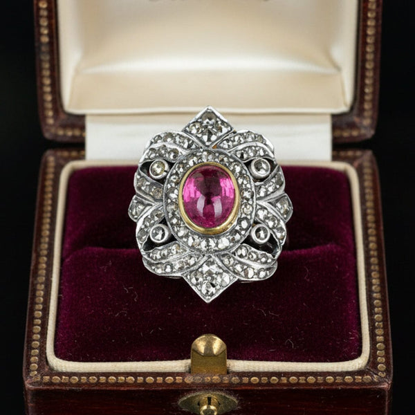 Victorian Rubellite Diamond Ring, Antique Tourmaline Statement