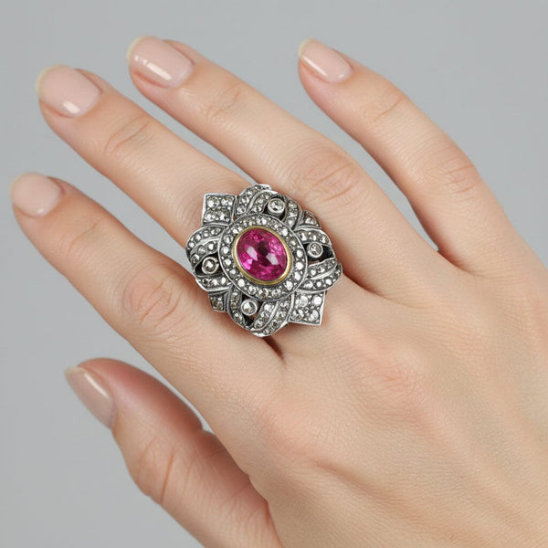Victorian Rubellite Diamond Ring, Antique Tourmaline Statement