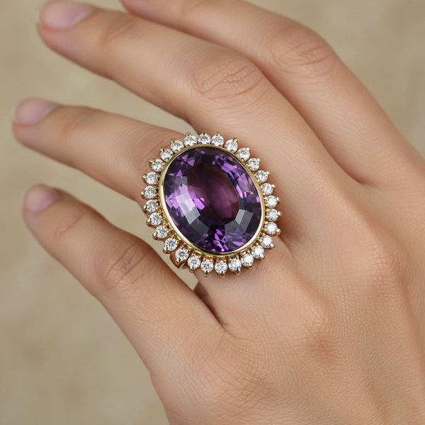 Heavy 14K Gold 1 CTW Diamond Halo Amethyst Ring - Boylerpf