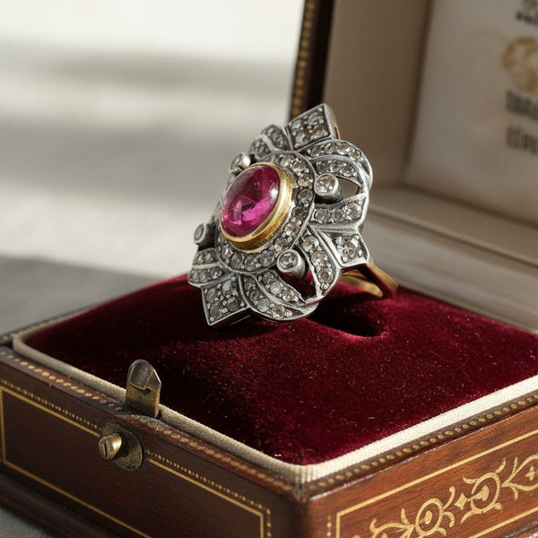 Victorian Rubellite Diamond Ring, Antique Tourmaline Statement