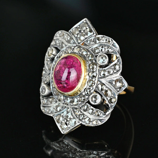 Victorian Rubellite Diamond Ring, Antique Tourmaline Statement