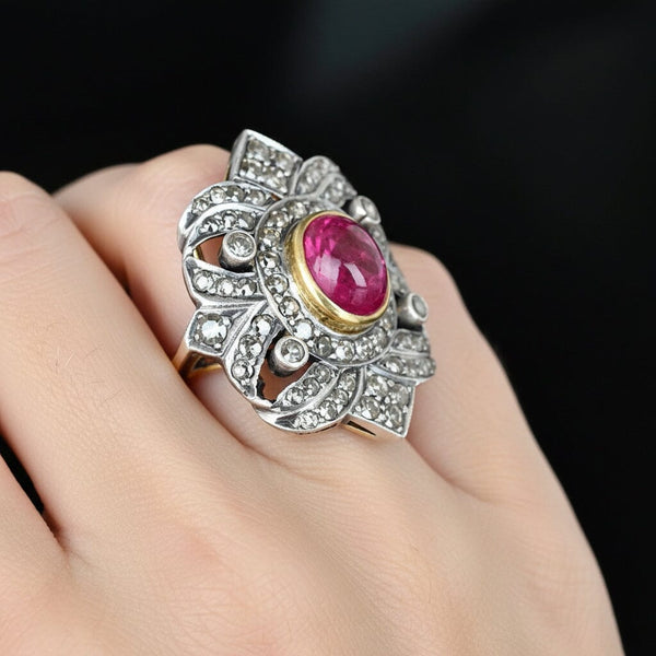 Victorian Rubellite Diamond Ring, Antique Tourmaline Statement