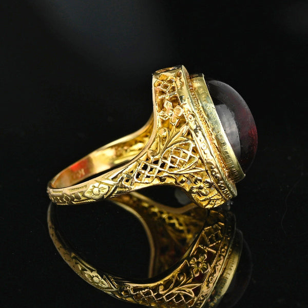 Art Deco 14K Gold Filigree Cabochon Garnet Ring - Boylerpf