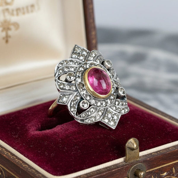 Victorian Rubellite Diamond Ring, Antique Tourmaline Statement