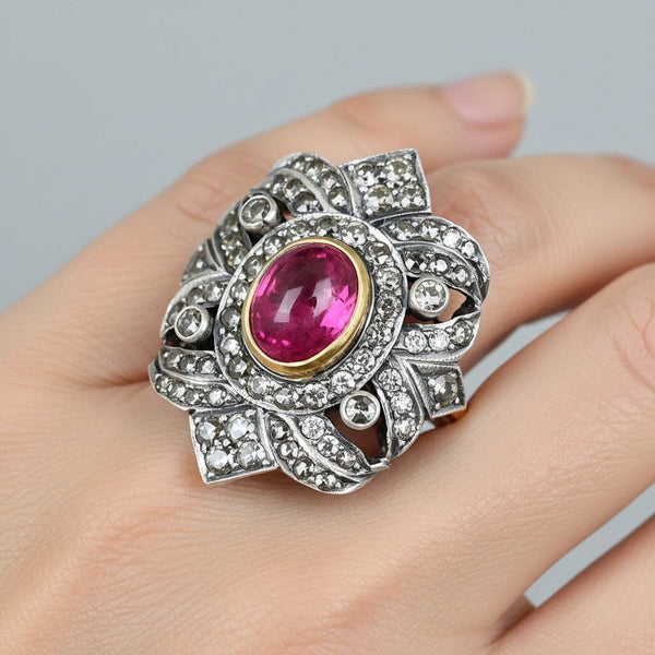 Victorian Rubellite Diamond Ring, Antique Tourmaline Statement
