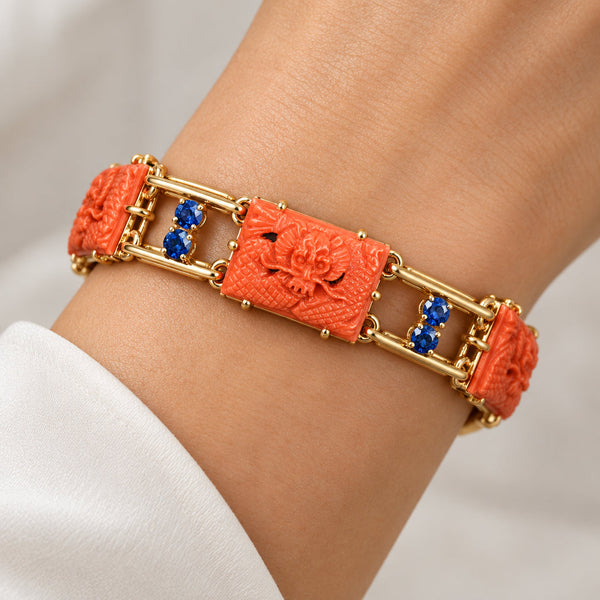 Art Deco Coral Dragon Bracelet 14K Gold 2ct Sapphire
