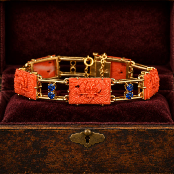 Art Deco Coral Dragon Bracelet 14K Gold 2ct Sapphire