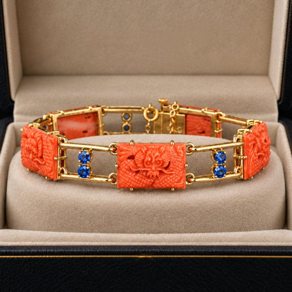 Art Deco Coral Dragon Bracelet 14K Gold 2ct Sapphire