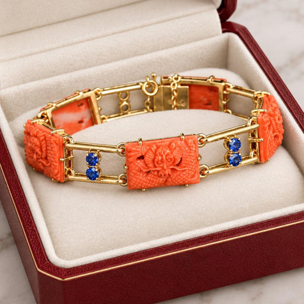 Art Deco Coral Dragon Bracelet 14K Gold 2ct Sapphire