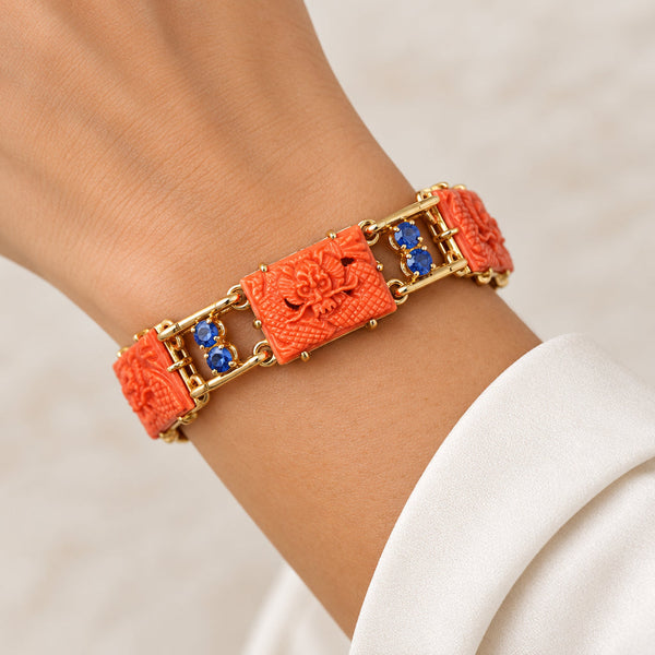 Art Deco Coral Dragon Bracelet 14K Gold 2ct Sapphire