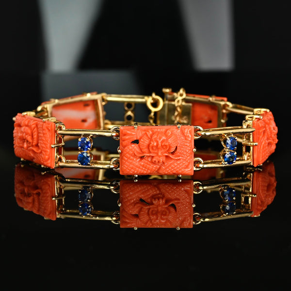 Art Deco Coral Dragon Bracelet 14K Gold 2ct Sapphire