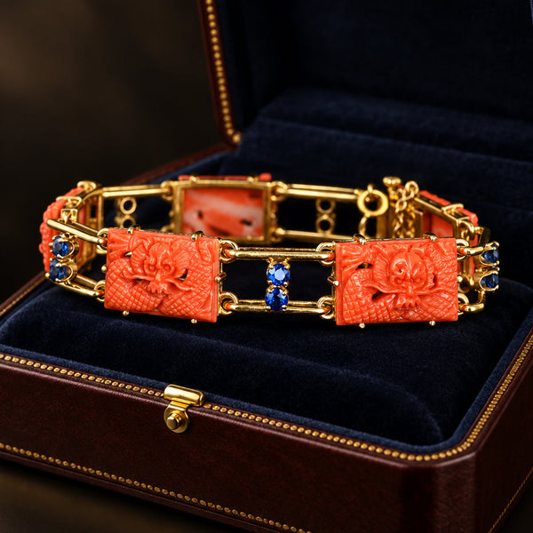 Art Deco Coral Dragon Bracelet 14K Gold 2ct Sapphire