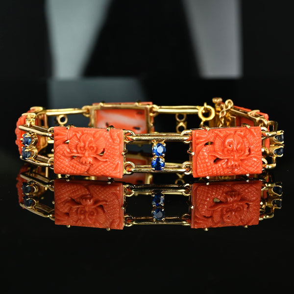 Art Deco Coral Dragon Bracelet 14K Gold 2ct Sapphire
