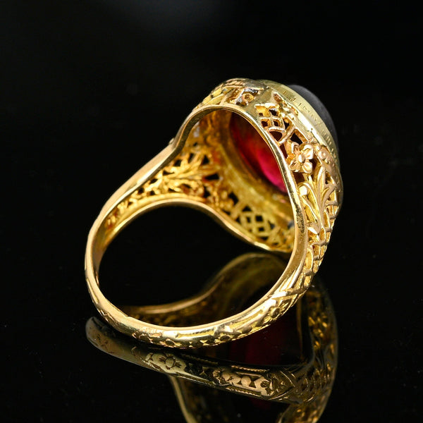 Art Deco 14K Gold Filigree Cabochon Garnet Ring - Boylerpf