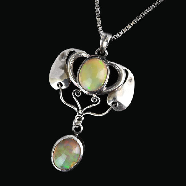 Arts & Crafts Style Silver Organic Opal Cabochon Pendant - Boylerpf