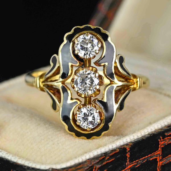 Edwardian Style Black Enamel 14K Gold Diamond Ring - Boylerpf