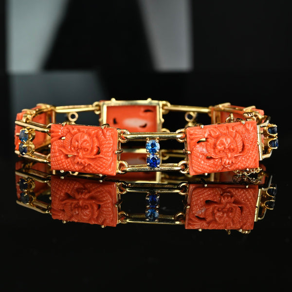 Art Deco Coral Dragon Bracelet 14K Gold 2ct Sapphire