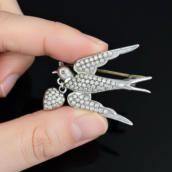 Antique Victorian Sterling Silver Swallow Heart Brooch
