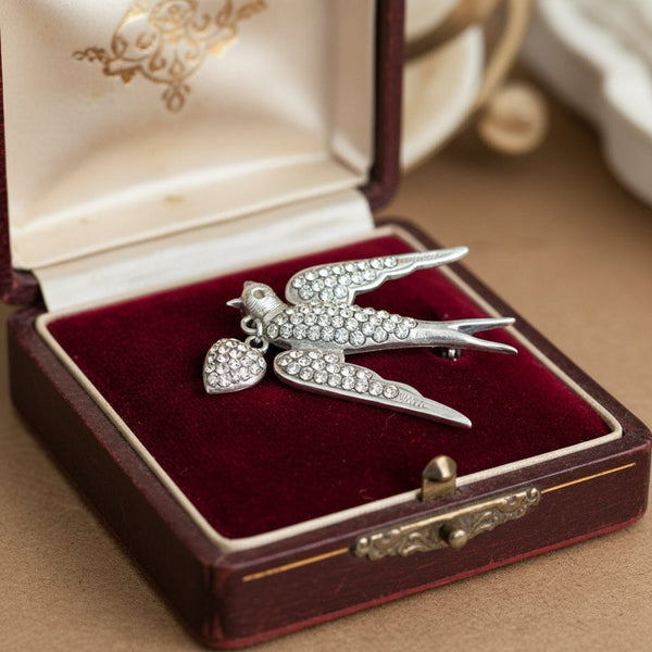 Antique Victorian Sterling Silver Swallow Heart Brooch