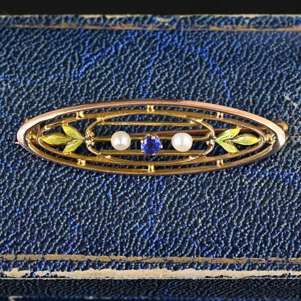 Antique Gold Krementz Enamel Leaf Pearl Sapphire Brooch - Boylerpf