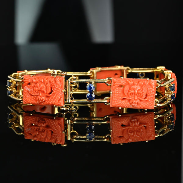 Art Deco Coral Dragon Bracelet 14K Gold 2ct Sapphire