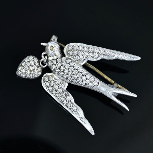 Antique Victorian Sterling Silver Swallow Heart Brooch