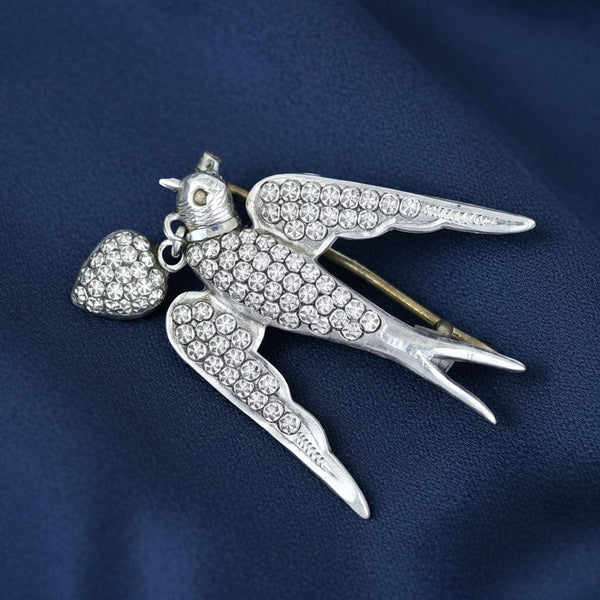 Antique Victorian Sterling Silver Swallow Heart Brooch