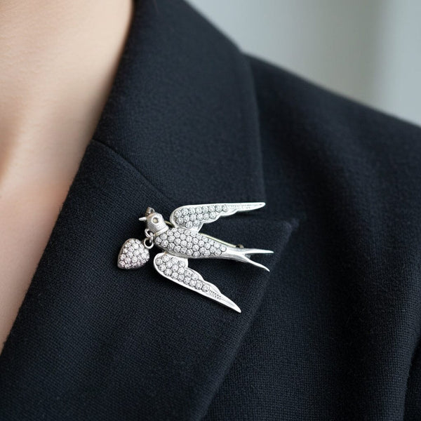 Antique Victorian Sterling Silver Swallow Heart Brooch