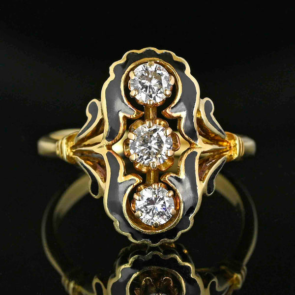 Edwardian Style Black Enamel 14K Gold Diamond Ring - Boylerpf