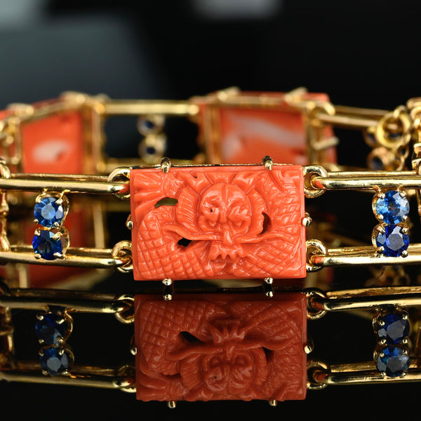 Art Deco Coral Dragon Bracelet 14K Gold 2ct Sapphire