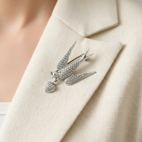 Antique Victorian Sterling Silver Swallow Heart Brooch
