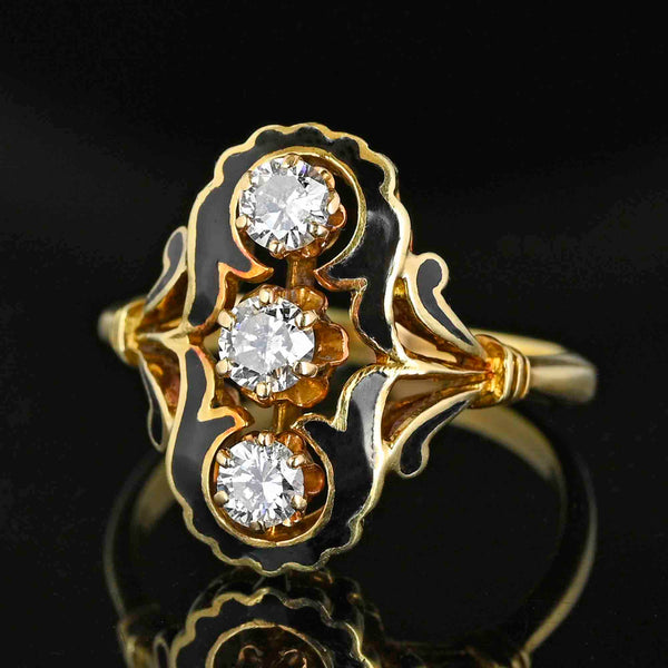 Edwardian Style Black Enamel 14K Gold Diamond Ring - Boylerpf