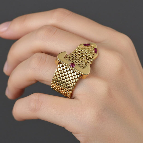 Vintage 14K Gold Ruby Belt Buckle Ring Adjustable Retro 1940s