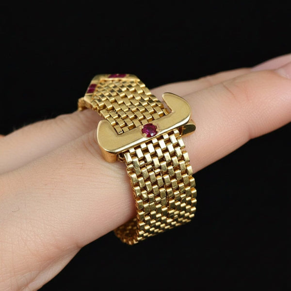 Vintage 14K Gold Ruby Belt Buckle Ring Adjustable Retro 1940s