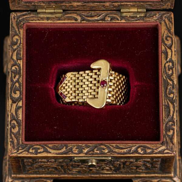 Vintage 14K Gold Ruby Belt Buckle Ring Adjustable Retro 1940s