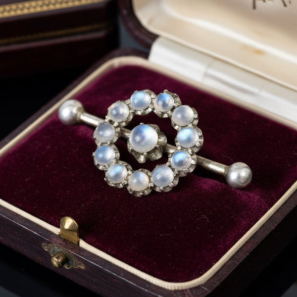 Victorian Moonstone Brooch in Sterling Silver, Antique Pin