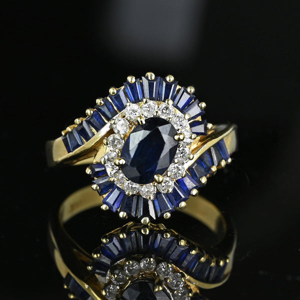 Vintage 14K Gold Bypass Diamond Baguette Sapphire Ring - Boylerpf