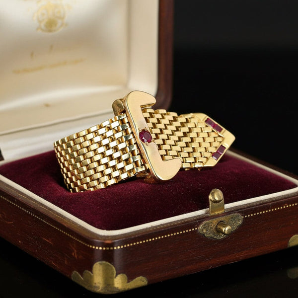 Vintage 14K Gold Ruby Belt Buckle Ring Adjustable Retro 1940s