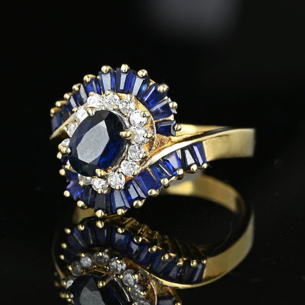 Vintage 14K Gold Bypass Diamond Baguette Sapphire Ring - Boylerpf