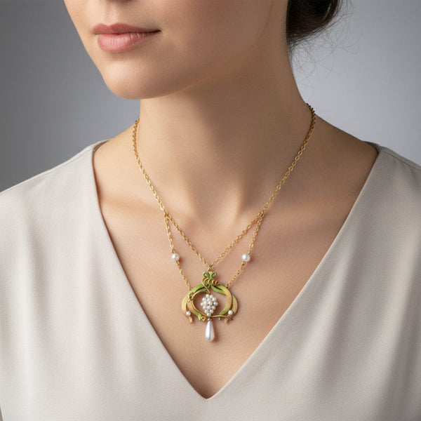 Antique Art Nouveau Gold Pearl & Enamel Necklace