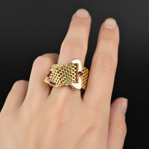 Vintage 14K Gold Ruby Belt Buckle Ring Adjustable Retro 1940s