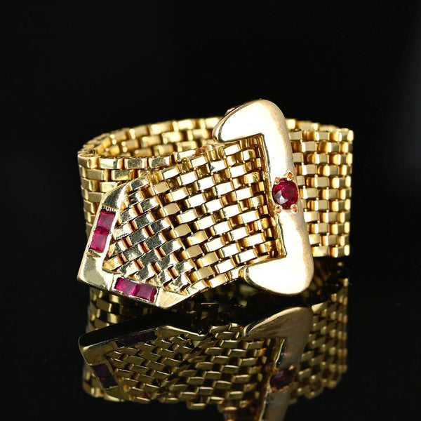 Vintage 14K Gold Ruby Belt Buckle Ring Adjustable Retro 1940s