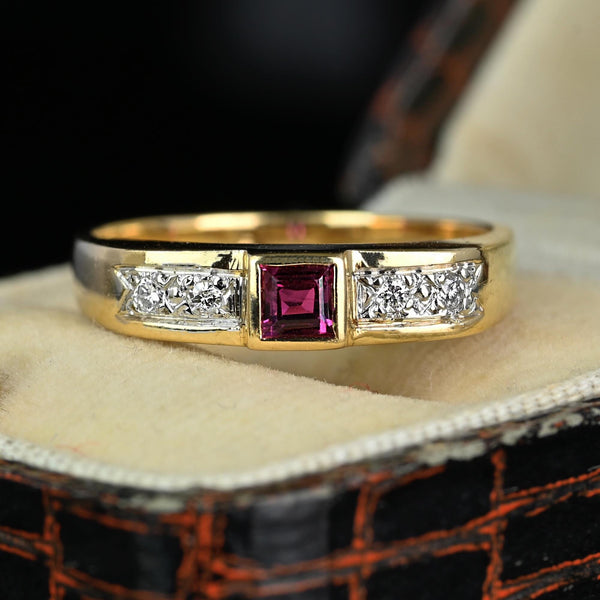 Vintage 14K Gold Diamond Square Ruby Ring Band - Boylerpf