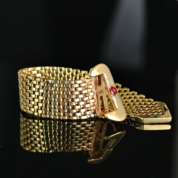 Vintage 14K Gold Ruby Belt Buckle Ring Adjustable Retro 1940s