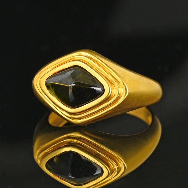 Vintage 14K Gold Sugarloaf Cabochon Green Tourmaline Ring - Boylerpf