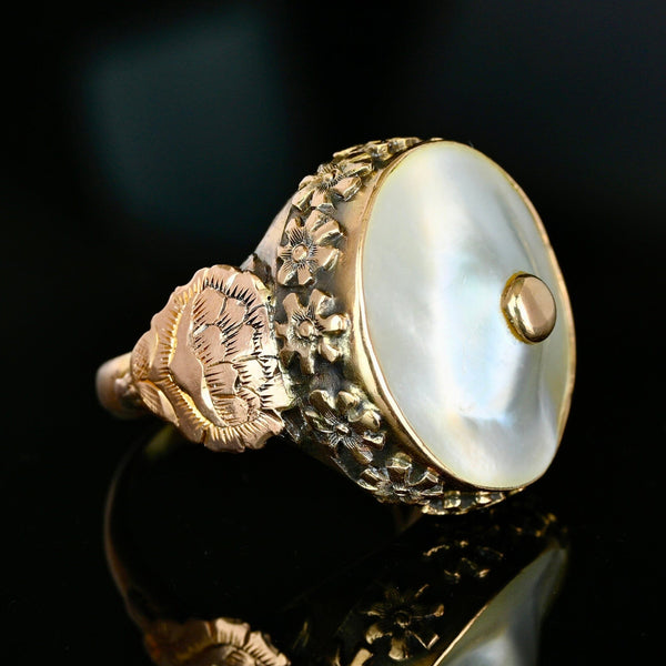 Antique Memorial Engraved 18K Gold Mother of Pearl Ring - Boylerpf