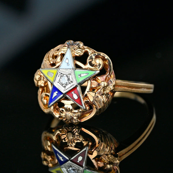 1940s Rose Gold Floral Diamond Enamel Star Masonic Ring - Boylerpf