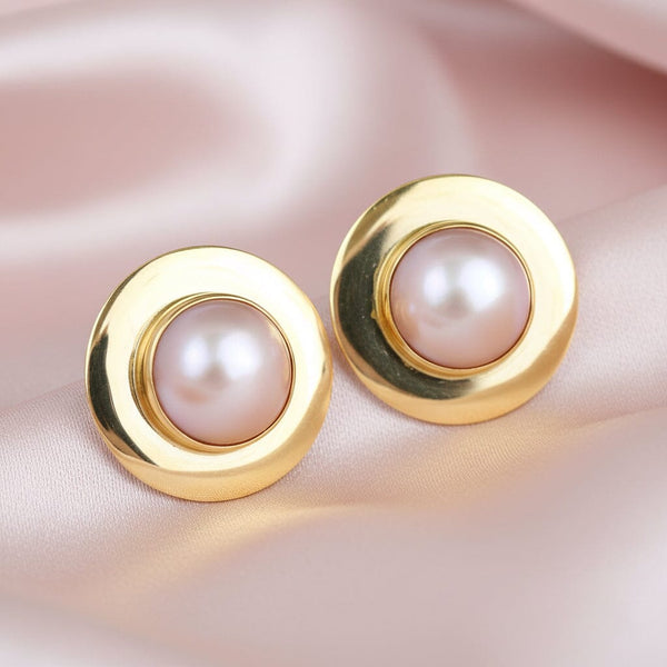 Vintage 14K Gold Mabe Pearl Earrings 14mm Omega Backs