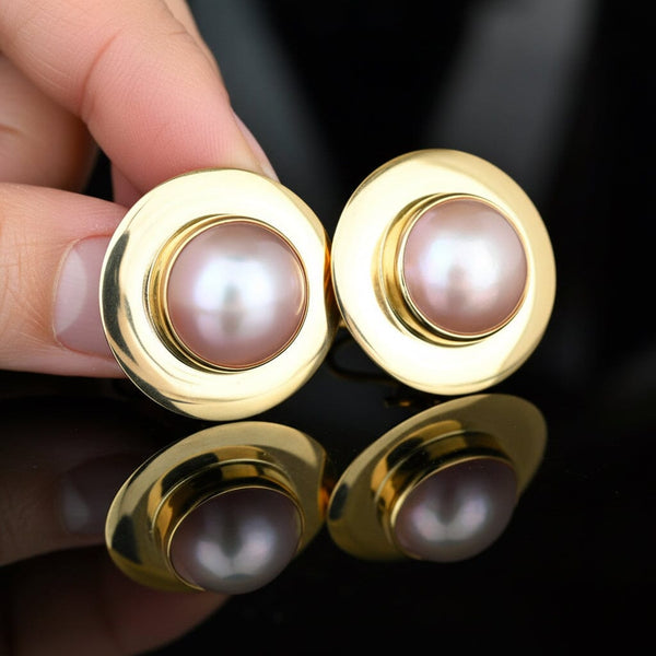 Vintage 14K Gold Mabe Pearl Earrings 14mm Omega Backs