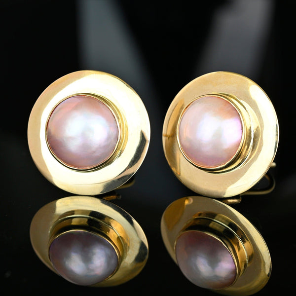 Vintage 14K Gold Mabe Pearl Earrings 14mm Omega Backs